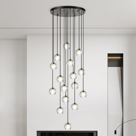 High Ceiling Foyer Chandelier, Brushed Black 16 Lights Crystal Staircase Chandelier, Modern Cut Pendant Raindrop Cluster Lighting Fixture for Entryway Living Room by Cameena