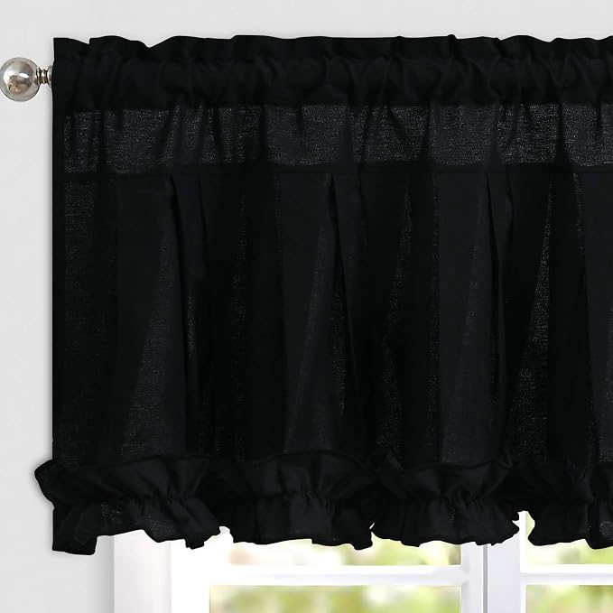 Likiyol Linen Valances for Windows Farmhouse Window Valances with Ruffle Rustic Country Light Filtering Kitchen Valance Curtains Rod Pocket Valance for Bathroom Cafe, Black, 52" W X 18" L - Image 2