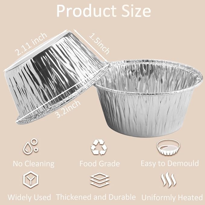150 Pcs Aluminum Foil Baking Cups 4 Oz, SUPPHOUS Disposable Ramekin Aluminum Cupcake liners, Silver Foil Baking Cups Muffin Liners for Cupcake, Baking, Egg Tart, Pudding, Creme Brulee - Image 3