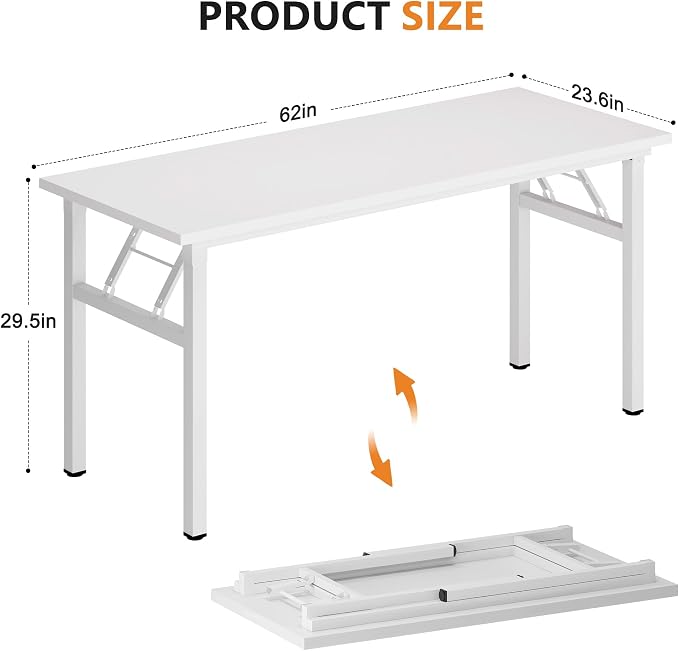 DlandHome 62 Inch Large Folding Computer Desk, Fully Assembled, White | Foldable Writing Table for Bedroom Dorm, Conference Table for Home Office, Wood Top Metal Frame, Collapsible Easy Storage - Image 3