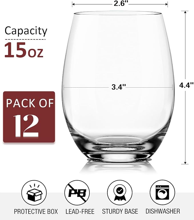 OJA Wine Glasses Set, Crystal Stemless Red Wine Glass, Set of 12, 15 oz | No Stem, Clear, Sturdy Drinking Glass for White Wine, Daily Use, Birthday, Wedding, Home Party, Anniversary, Shower Gift - Image 2
