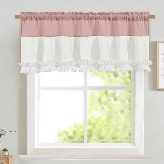 Likiyol Linen Valances for Windows Farmhouse Window Valances with Ruffle Rustic Country Light Filtering Kitchen Valance Curtains Rod Pocket Valance for Bathroom Cafe, Pink White, 52" W X 18" L by Likiyol