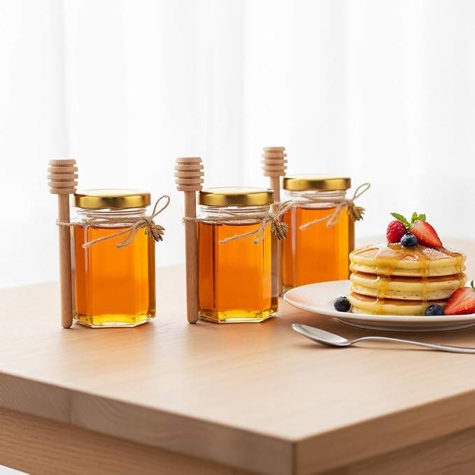 Adabocute 4oz Hexagonal Honey Jars - Glass Honey Jars with Gold Lids, Wooden Dippers, Bee Charms and Jutes - Hexagon Jars for Baby Shower, Wedding and Party Favors, 12 Pack - Image 5