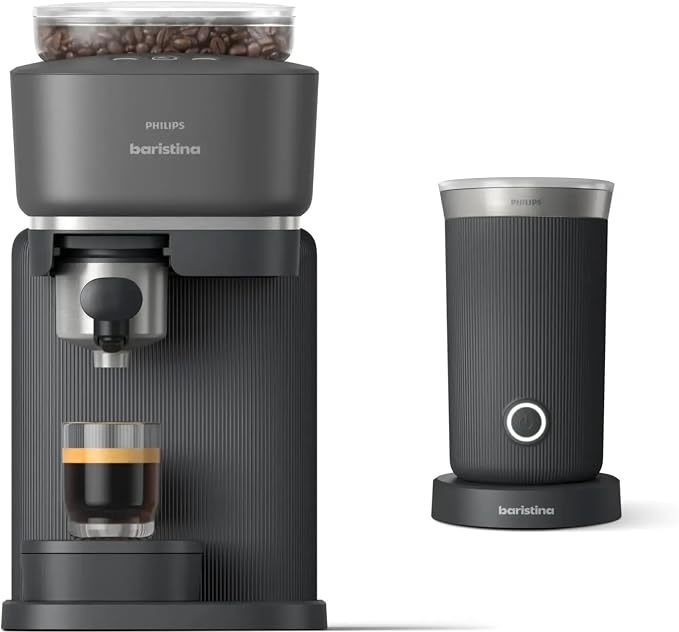 Philips Baristina Espresso Machine+Milk Frother Bundle. Real espresso. Compact coffee machine, portafilter, grinder, Cafe Crema. Dairy & Non-Dairy Milk foam​. Hot & Cold. Easy Clean. Black (BAR303/60) by Unknown