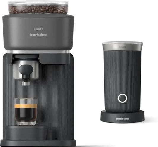 Philips Baristina Espresso Machine+Milk Frother Bundle. Real espresso. Compact coffee machine, portafilter, grinder, Cafe Crema. Dairy & Non-Dairy Milk foam​. Hot & Cold. Easy Clean. Black (BAR303/60) by Unknown