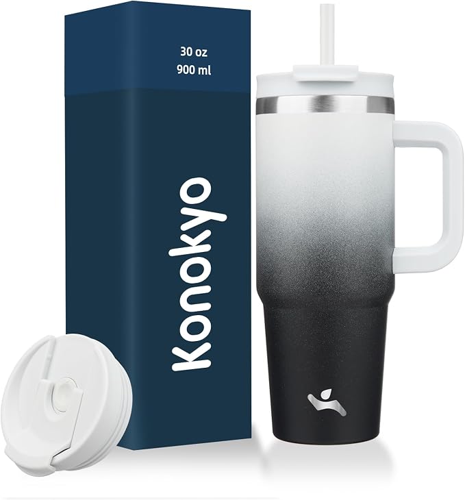 Konokyo 30 oz Insulated Tumbler Water Bottle with Handle, Straw Lid | BPA-free and dishwasher safe; made for gym, travel, coffee and gifting, 2 straws, cup holder friendly,Day Night by Konokyo