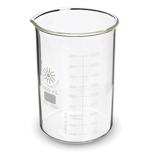 United Scientific™ Borosilicate Glass Beaker, 2000ml, Autoclavable, 1 Each | Lab Glassware for Research & Classroom, Resistant, Molded Pour Spout, Griffin Low Form Design, ASTM-E960 Compliant by UnitedScientific