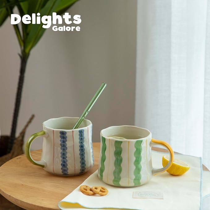 Striped Ceramic Coffee Mug Set of 4 (16oz) - Handmade Look Tea Cups with Yellow/Green Handles, Microwave Safe, Durable Daily Drinkware - Image 8