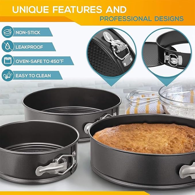 Kitchen Tools 7 8 9 "Nonstick Springform Pan Set of 3, Leakproof Cheesecake Pan with Protector, Round Cake Pans Sets for Baking with Removable Bottom A unique gift for baking enthusiasts - Image 4