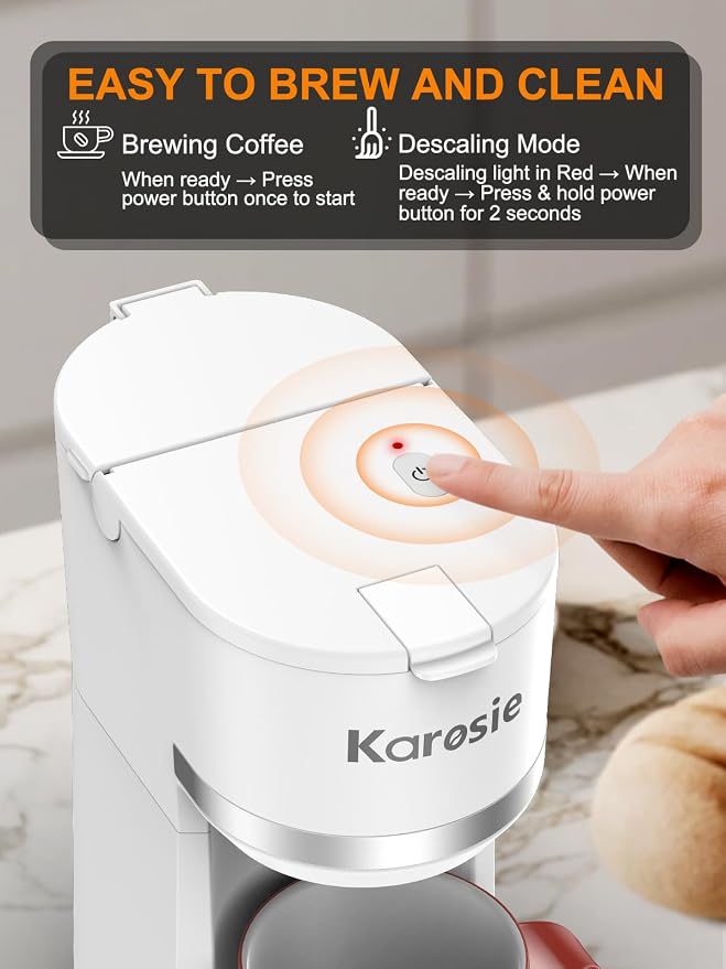 Single Serve Coffee Maker for Coffee Pods and Grounds,Fast Brew, 6-12 oz Brew Sizes Single Cup Coffee Maker Fits 5.5" Mugs,One-Button Small Coffee Maker,Descaling Reminder,White,9.45 Inches - Image 5