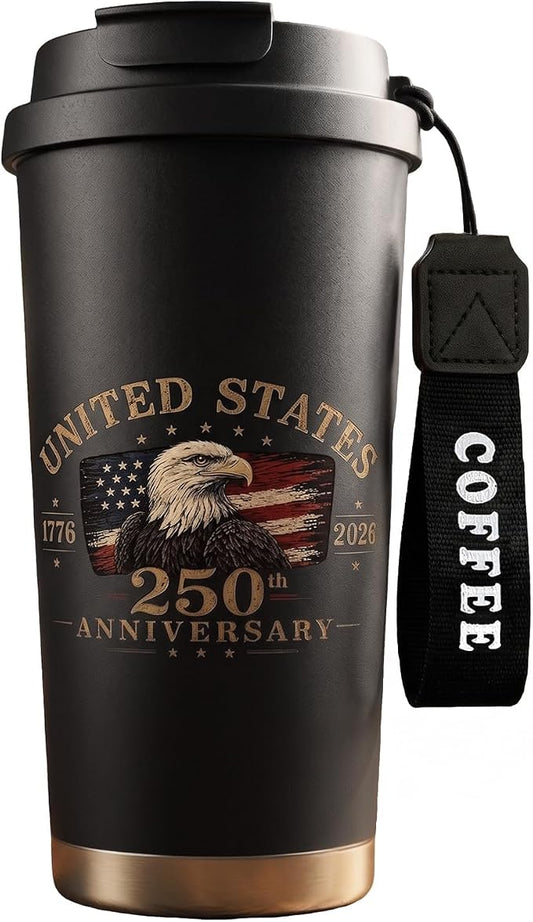 250th Anniversary Coffee Mug, 18 oz Stainless Steel Insulated Tumbler, Vintage Patriotic Design 1776-2026, Fathers Day Birthday Gift Dad From, Military Veteran Retirement Commemorative Gift, Black by Unknown