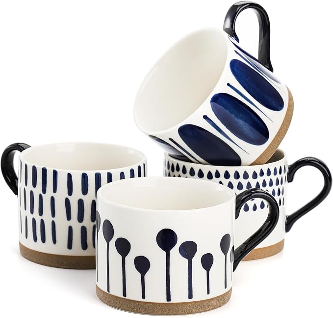 SOUJOY Set of 4 Large Ceramic Coffee Mugs, 15 Oz Hand Painted Coffee Cups with Handles, Vintage Glazed Porcelain Soup Mugs for Tea, Hot or Cold Drinks, Best Gifts for Birthday, Thanksgiving, Christmas by SOUJOY
