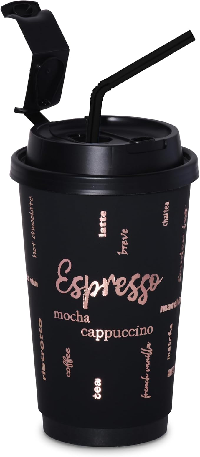 16oz Premium Disposable Coffee Cups, Double-Wall Insulated Paper Cups with Flip-Top Lids, No Sleeves Needed, To-Go Cups for Coffee, Tea, Hot Chocolate, Events, Rose Gold Print (Black, 60ct)