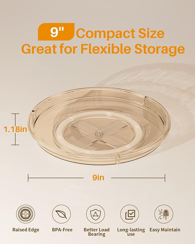 LAMU 2 Pack Lazy Susan Organizer 9 inch Lazy Susan Turntable for Cabinet, Rotating Spice Organization for Cabinet, Kitchen, Table Top, Countertop, Pantry Fridge Organizers and Storage, Amber - Image 6