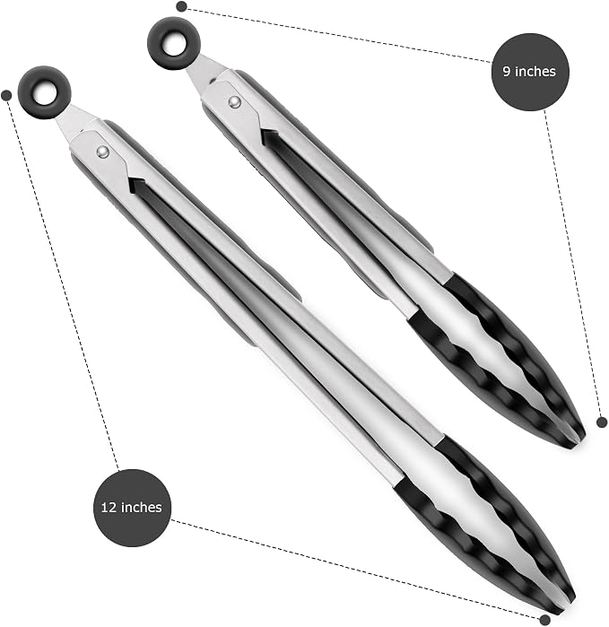 2 Pack Silicone Kitchen Tongs, 9 & 12 Inch, Stainless Steel, Black - Image 5
