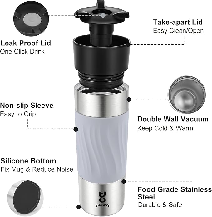 Travel Coffee Mug with 360°Lid, Travel Coffee Tumbler 16 oz Leak Proof, Stainless Steel Insulated Travel Mugs for Hot and Cold Spill Proof Leak Proof(Grey) - Image 7