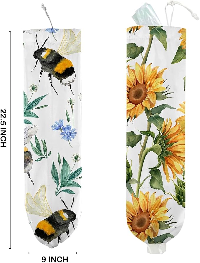 2Pcs Bee Plastic Bag Holder, Wall Mount Grocery Bag Holder for Plastic Bags, Sunflower Reusable Grocery Bags Storage Dispenser for Home Kitchen Pantry Decor, Sunflower Gifts for Women Mom - Image 2