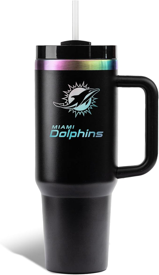 The Memory Company NFL 40oz Iridescent Tumbler - Double-Wall Vacuum Insulated Stainless Steel Water Bottle - Team Spirit Travel Cup with Handle, Lid and Straw, Hot and Cold Drink Container