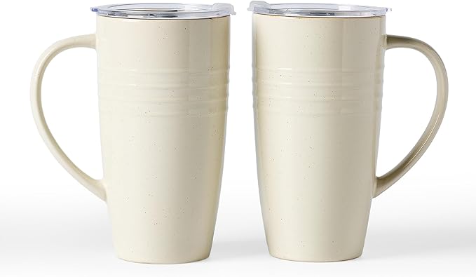 famiware Jupiter Large Coffee Mug, 20oz Coffee Mug with Lid, Ceramic Mugs Set of 2, Cup Set with Handle for Latte, Tea, Cocoa, Milk, Home & Office, Microwave and Dishwasher Safe, Vanilla White by Famiware