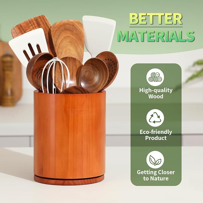 Wood Utensil Holder, 360° Rotating 7.3 in Kitchen Organizer | Rustic farmhouse countertop decor. 360° rotating base holds spatulas, ladles, tongs, and cooking tools. Rich cherry finish - Image 5