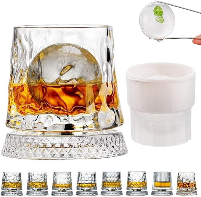 360 Degree Rotating Whiskey Glass Set with Ice Ball Mold, Crystal Clear Bourbon Scotch Glassware for Men, Fun & Novelty Gifts (Pattern 4) by GOWARM