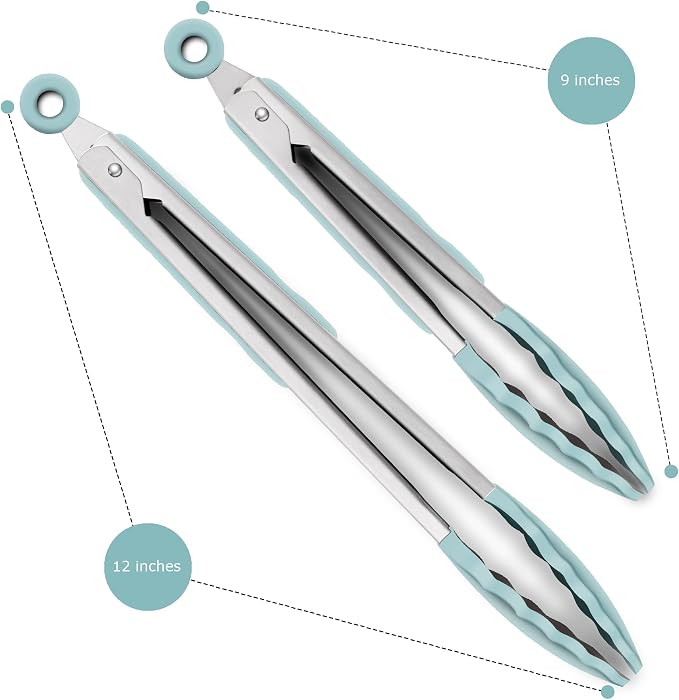 2 Pack Silicone Kitchen Tongs, 9 & 12 Inch, Stainless Steel, Aqua Sky - Image 3
