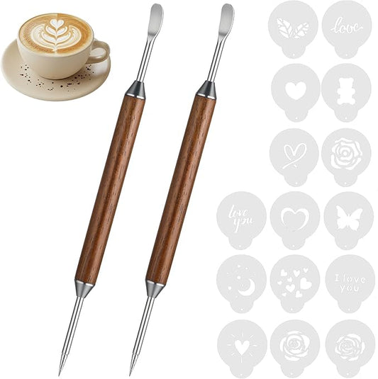 2PCS Latte Art Pen Set Coffee Drawing Tool with Wood Handle Latte Art Pen with Coffee ArtStencils Double-Ended Barista Accessories for CoffeeBar Creating Professional Espresso Tools Home Cafe