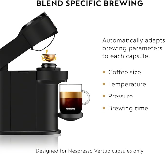 Nespresso Vertuo Next Coffee & Espresso Maker by De'Longhi, Black | Matte black coffee machine with slim, sustainable design. Brews 6 cup sizes, espresso to 18 oz., topped with crema. - Image 5