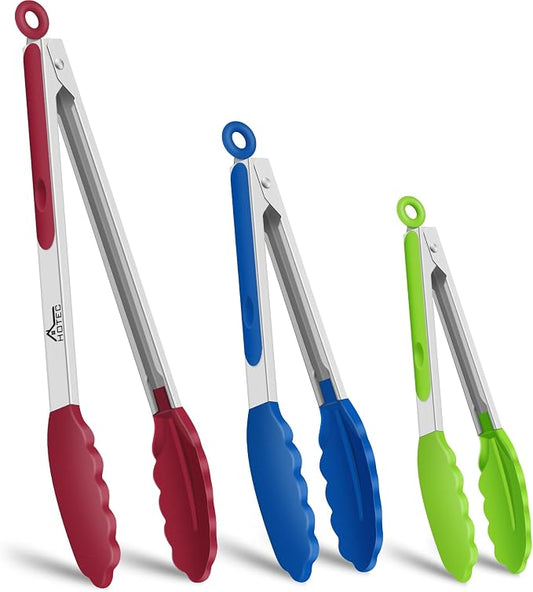 Hotec Premium Stainless Steel Locking Kitchen Tongs with Silicon Tips, Set of 3-7", 9" and 12" multicolor by Hotec