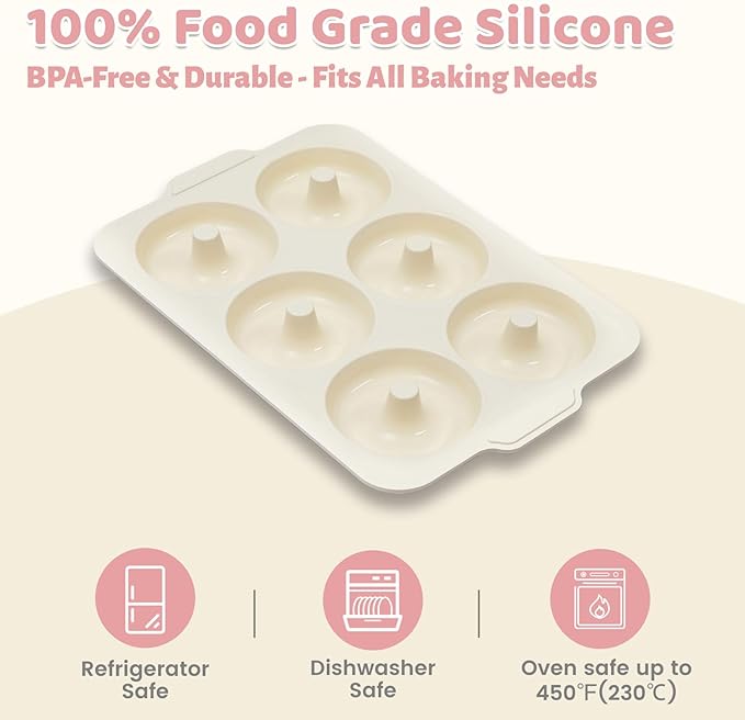4 Inch Nonstick Silicone Donut Pan for Baking with Metal Frame, 1 Pack Large Donut Molds for Baking, 6 Cavity Doughnut Pan for Oven and Full-size Bagel Trays Non Toxic with Handle, (Beige)