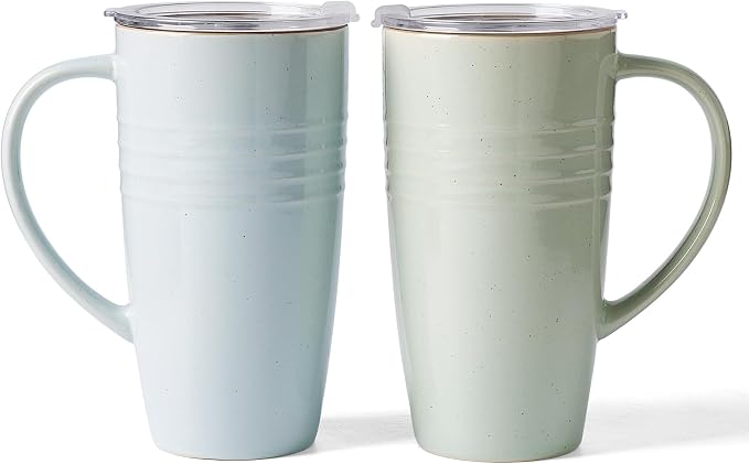 famiware Jupiter Large Coffee Mug, 20oz Coffee Mug with Lid, Ceramic Mugs Set of 2, Cup Set with Handle for Latte, Tea, Cocoa, Milk, Microwave and Dishwasher Safe, Light Blue and Light Green by Famiware