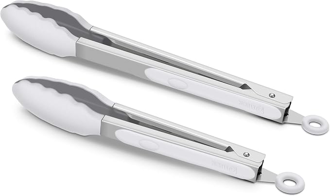 2 Pack Silicone Kitchen Tongs – 9" & 12" Set, Heat Resistant up to 500°F, Non‑Stick Cookware Safe, Wavy Silicone Tips, BPA Free, Locking Clip & Hanging Loop, Light Grey by ALLWIN-HOUSEWARE