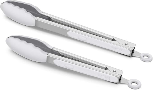 2 Pack Silicone Kitchen Tongs – 9" & 12" Set, Heat Resistant up to 500°F, Non‑Stick Cookware Safe, Wavy Silicone Tips, BPA Free, Locking Clip & Hanging Loop, Light Grey by ALLWIN-HOUSEWARE