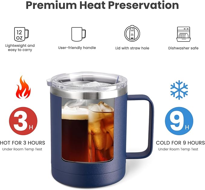 MEWAY 12oz Coffee Mug With Handle 2 Pack Bulk,Stainless Steel Insulated Travel Tumblers With Sliding Lid,Double Wall Vacuum Camping Cup for Hot & Cold Drinks Tea (Multicolor,Set of 2) - Image 3