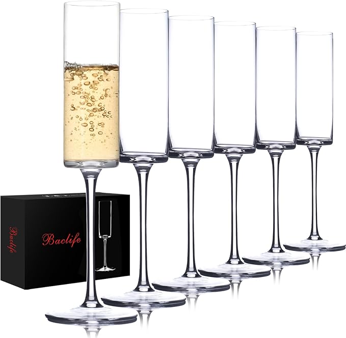 BACLIFE Crystal Champagne Flutes Set of 6 - Hand Blown Champagne Glasses With Long Stem - 6.5 oz Elegant Sparkling Wine Stemware - Unique Gift for Christmas Day,Birthday,Wedding - Clear by BACLIFE