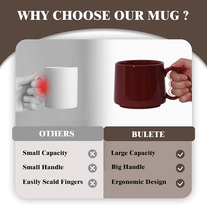 Coffee Mugs Gift Set of 4, Large 19 oz Stackable Ceramic Coffee Mug, Coffee Cups with Large Handle for Latte, Cappuccino, Milk, Tea, Dishwasher & Microwave Safe, Ideal Gift for Men, Women - Red - Image 4