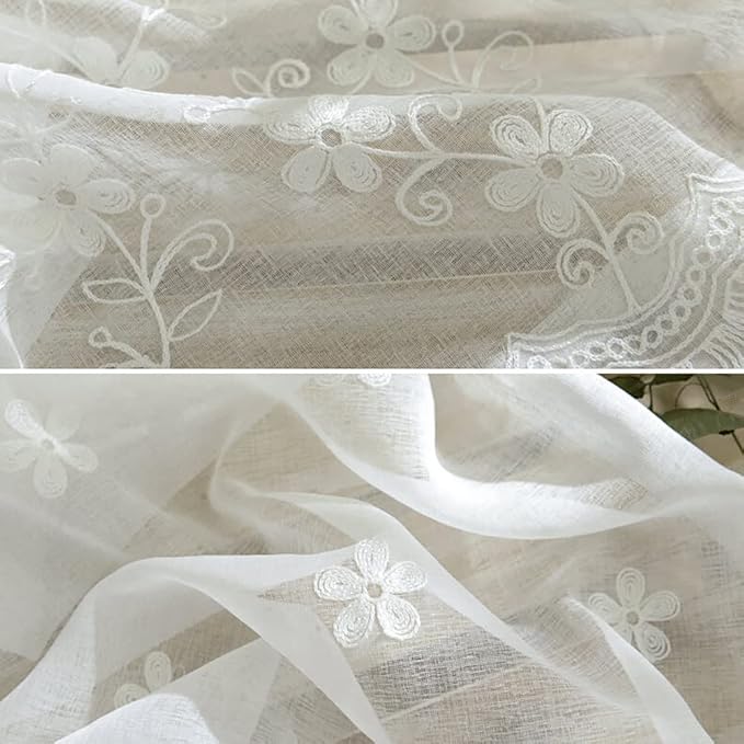 White Sheer Curtains Embroidered Design Rod Pocket Window Drapes for Living Room Dining Room Bedroom, 2 Panels (Gypsophila, 60x104) - Image 7