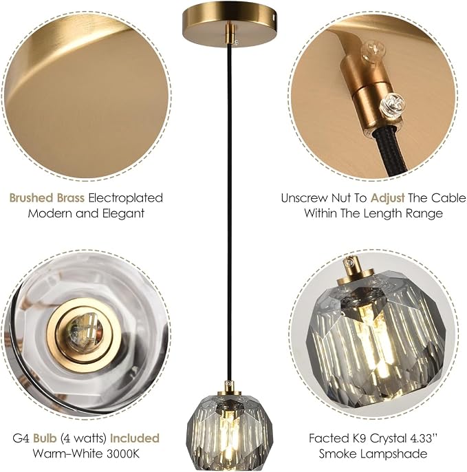 Crystal Pendant Light, Smoke Crystal Pendant Light Fixture Kitchen Island, Small Prism Pendant Hanging Lighting Fixture for Dining Room Bedroom - Image 6