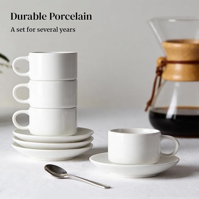 DOWAN 2.5 OZ Stackable Espresso Cups, Porcelain Coffee Cups with Saucers Set of 4, White Espresso Shot Cup, Tea Cups for Home, Office and Cafe Use - Image 6