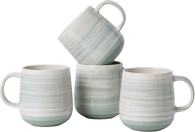 Coffee Mugs Set of 4, 12oz Stoneware Coffee Cups with Handle, Light Green | Hand-Painted Ceramic Mugs Set for Women and Men, Dishwasher & Microwave Safe, Suitable for Hot Coffee, Tea, Cocoa, Milk by ALOFMO