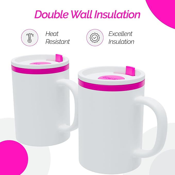 Copco Iconic Desk Mug with Lid & Handle, 16 Oz - Pink, Set of 2 | Double-Wall Insulated Reusable Coffee Mug, Spill-Resistant Slide, Wide Mouth for Hot & Cold Drinks, Office & Travel Cup - Image 3