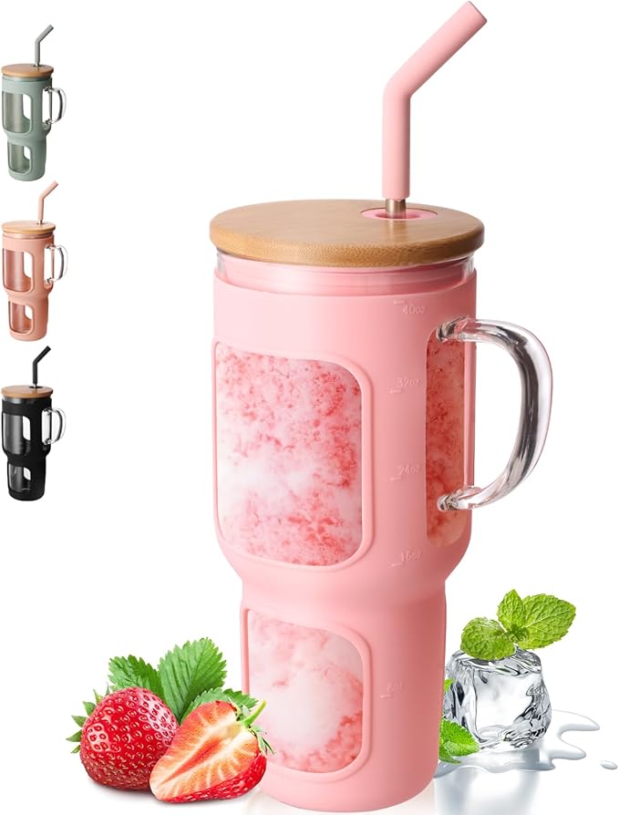 COMOOO 40oz Glass Tumbler with Bamboo Lid and Straw, Glass Water Cup with Handle, Iced Coffee Drinking Cup with Silicone Sleeve, Glass Water Bottle Dishwasher Safe, Cup Holder Friendly, Pink