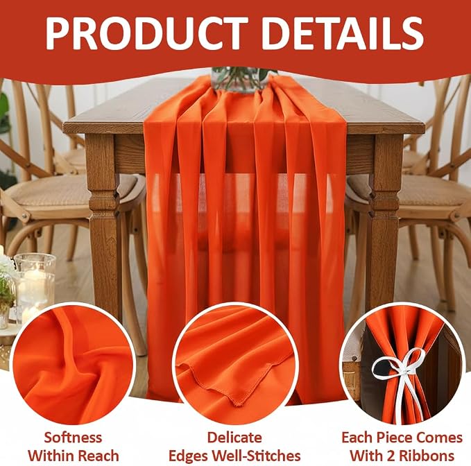 Pack of 25 | Orange |14ft Chiffon Table Runner 29x170 Inches Long Romantic Rustic Sheer Gauze Runner for Wedding Bridal Shower Birthday Banquets Engagement Spring Easter Boho Decorations - Image 5