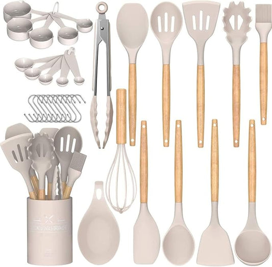 Umite Chef Kitchen Cooking Utensils Set, 33 pcs Non-Stick Silicone Cooking Kitchen Utensils Spatula Set with Holder, Wooden Handle Silicone Kitchen Gadgets Utensil Set (Khaki) by UmiteChef