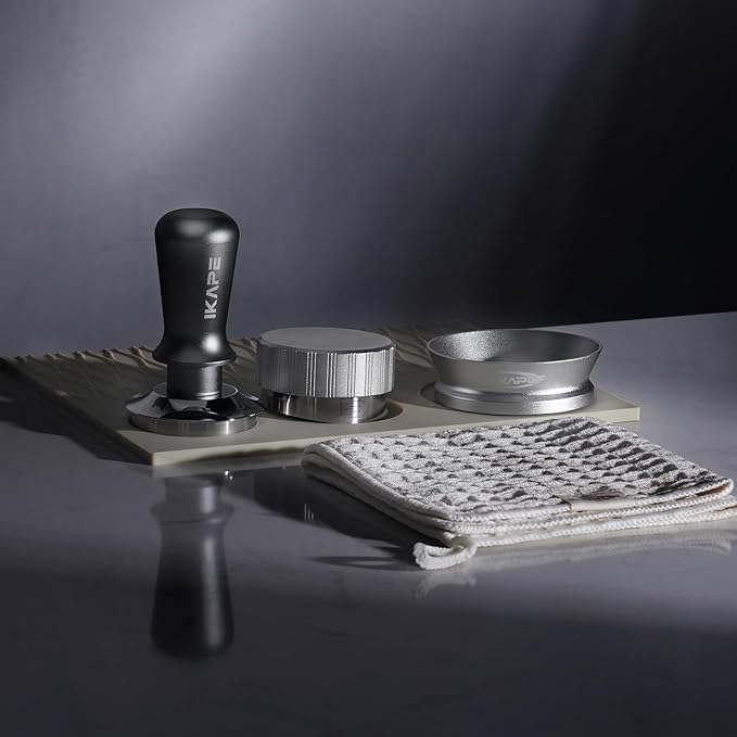 IKAPE 58mm Espresso Tamper Kit 6 IN 1 Silver, Coffee Tamper Set with Tamper, Distributor, Magnetic Funnel, Silicone Mat, Puck Screen, and Cleaning Towel for the Perfect Shot