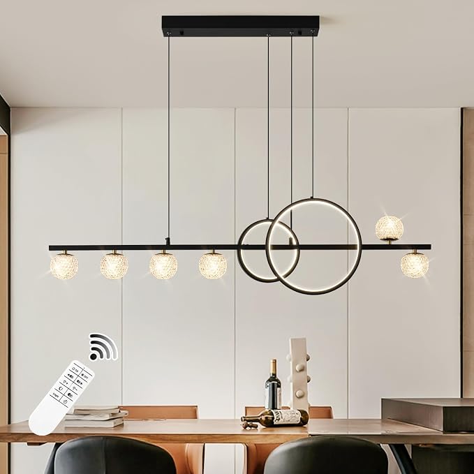 ORANOOR Modern Black Gold Chandeliers, 47inch Dimmable LED Pendant Light | Linear LED Chandelier for Dining Room Kitchen Island, Upgraded 6 Globe Hanging Pendant Chandeliers Lighting (2 Rings, 4200lm) - Image 2