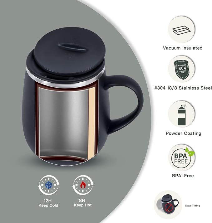Ideus 16 oz Insulated Coffee Mug with Handle and Lid, Double Wall Stainless Steel Vacuum Thermal Coffee Mug, Travel Coffee Cup Thermal Cup for Home and Office, Storm Black - Image 2