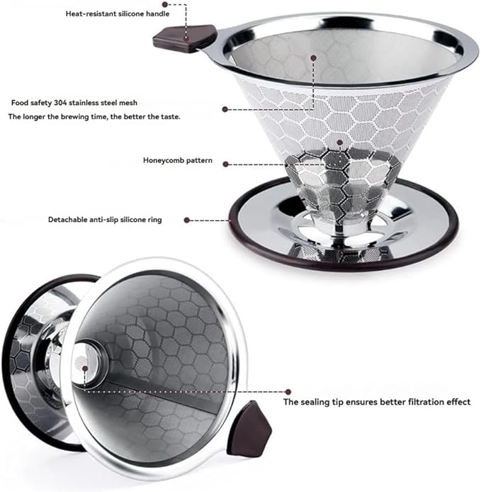 Pour Over Coffee Filter Dripper Reusable Stainless Steel Drip Coffee Maker Cone Coffee Mesh Filters for 1-4 Cup