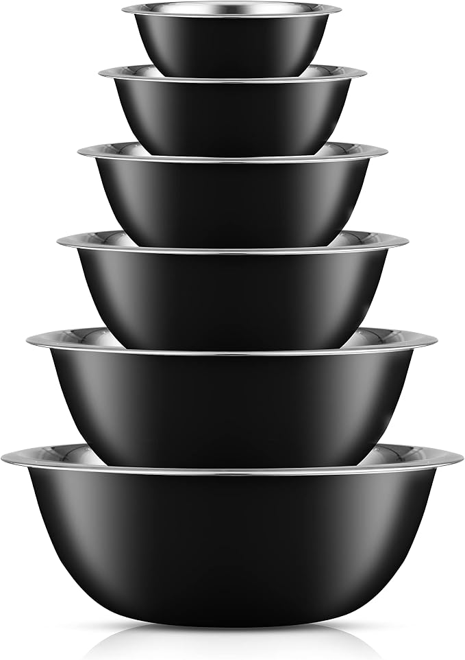 JoyJolt Stainless Steel Mixing Bowl Set - 6 Piece Nesting Bowls, 5qt to 0.5qt, Black, Perfect for Dough, Batter & Baking by JoyJolt