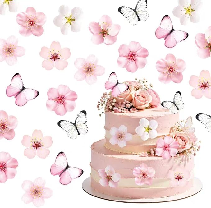 72 PCS Edible Cherry Blossoms Butterfly Cupcake Toppers Wafer Paper Flowers Cake Decorations Ideal for Baby Shower Kids Birthday Party Decorations Edible Flowers Cake Decorations for Celebrations by Unknown